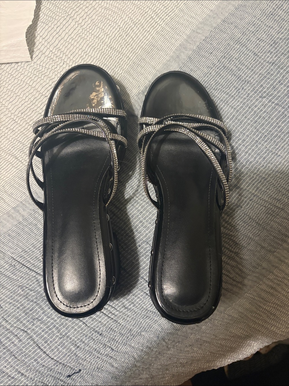 SHEIN Black Rhinestone Strappy Slide Sandals with Silver Accents